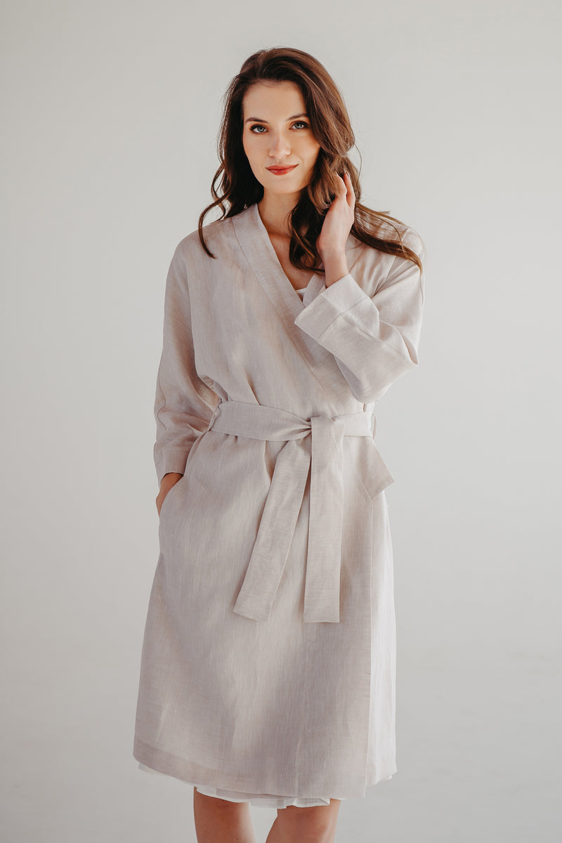 Savanna Linen Kimono Robe in Beige